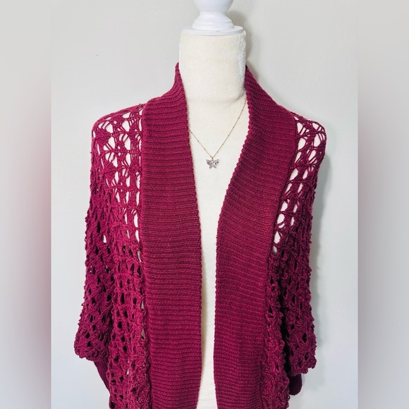 Abound Womens Cardigan S/M Red Wine BOHO Bolero Crochet Sweater Shawl Soft lace - Picture 5 of 8